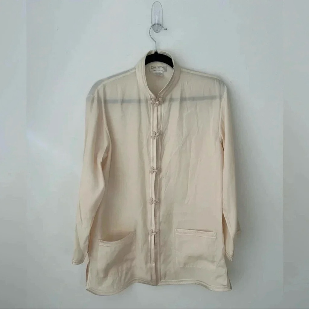 Vntg 100% Silk Christine Vancouver Ivory Blouse With Mandarin Collar S